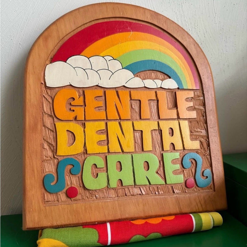 Colorful Wooden Gentle Dental Care Sign Vintage